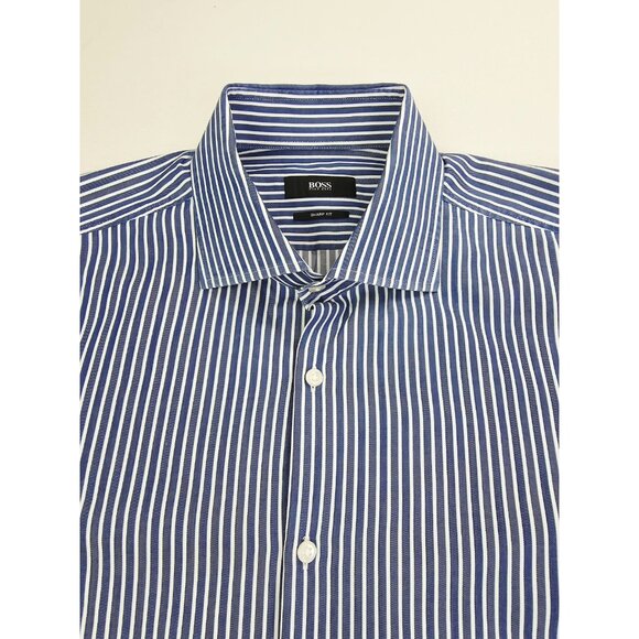Hugo Boss Sharp Fit Size 16.5 32/33 Mens Blue White Stripe Spread Collar Shirt - Picture 1 of 9